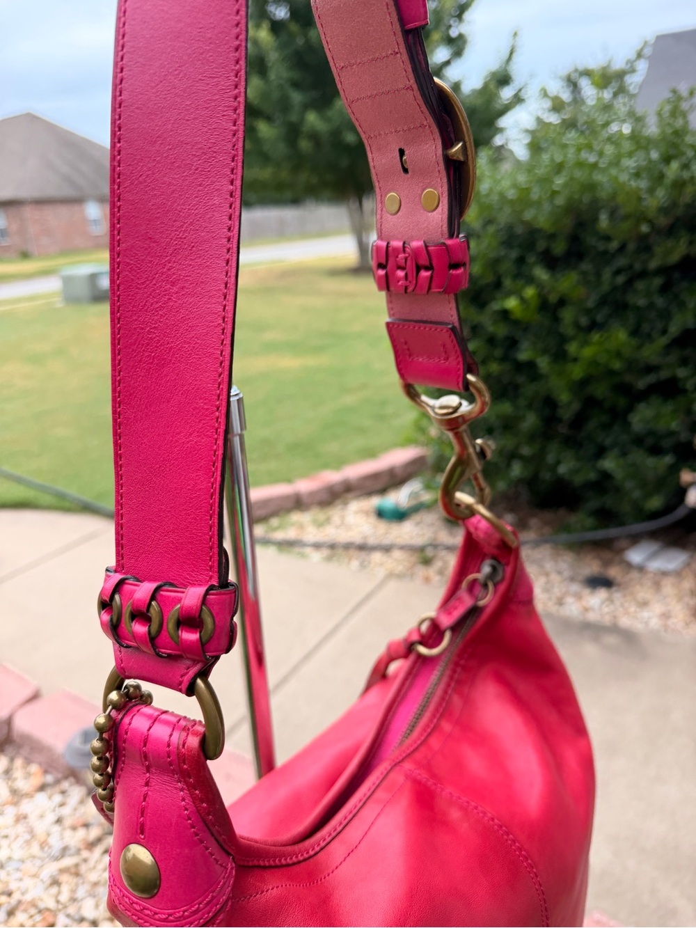 Vintage Y2K Coach #11423 Bleecker Tattersall Large Hot Pink Bucket Bag with - Picture 3 of 16